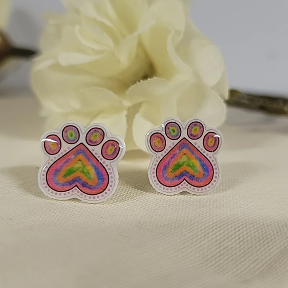 Other - 🔥LAST PAIR🔥 Neon Rainbow Pawprint and Heart Stud Earrings
